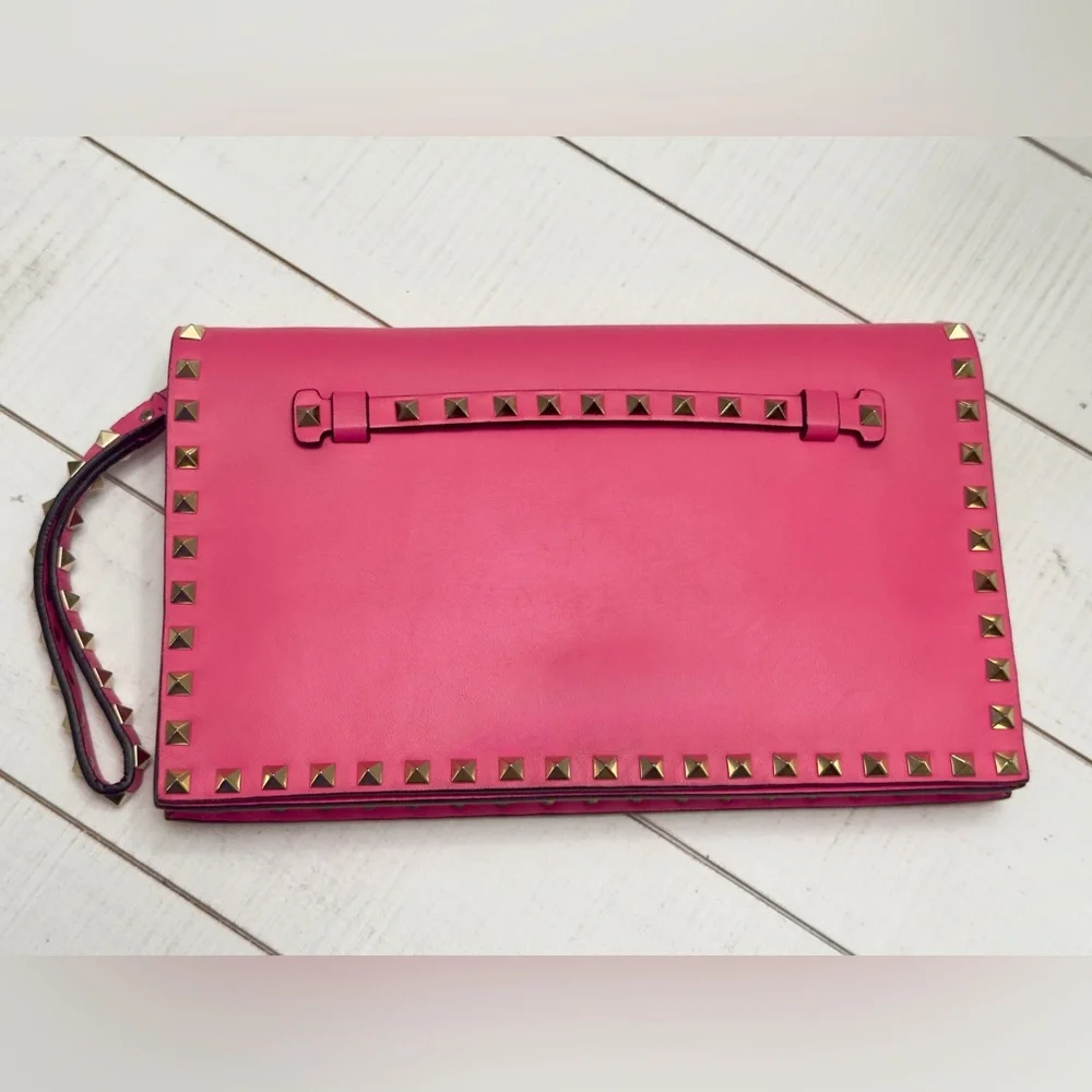 Valentino Garavani Rockstud Leather Clutch- Hot Pink